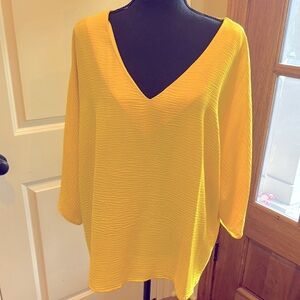 Caramel Yellow V-Neck Blouse with 3/4 Sleeves